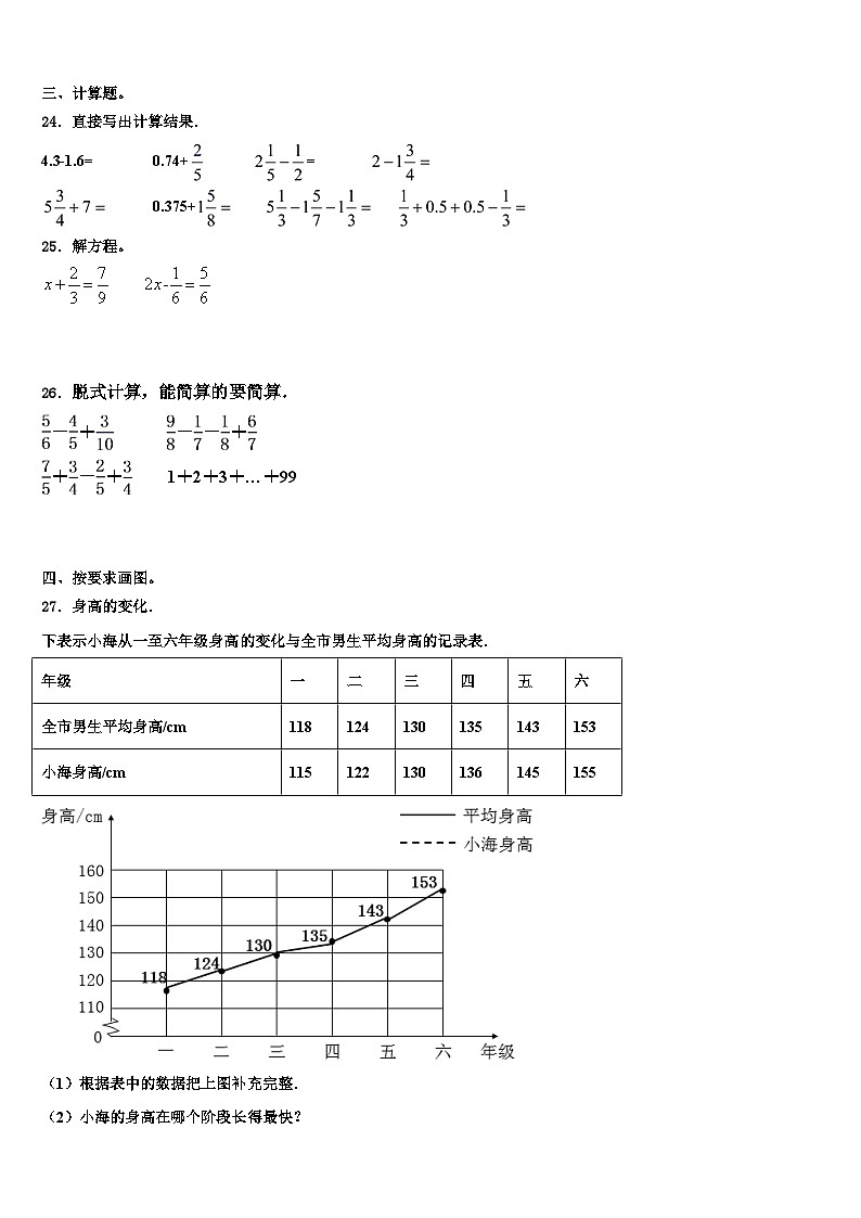 2023届荆州市江陵县数学五年级第二学期期末检测模拟试题含解析第3页