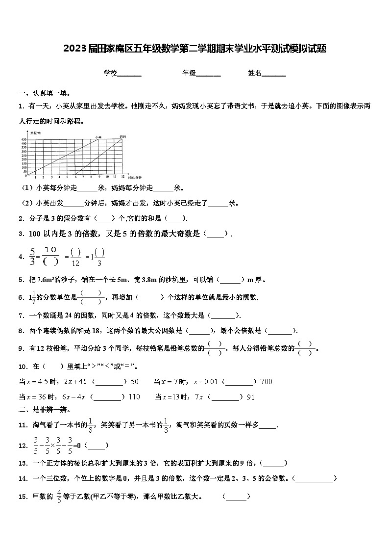 2023届田家庵区五年级数学第二学期期末学业水平测试模拟试题含解析第1页
