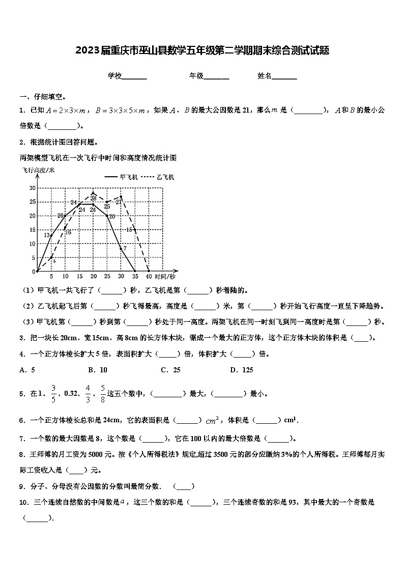 2023届重庆市巫山县数学五年级第二学期期末综合测试试题含解析第1页