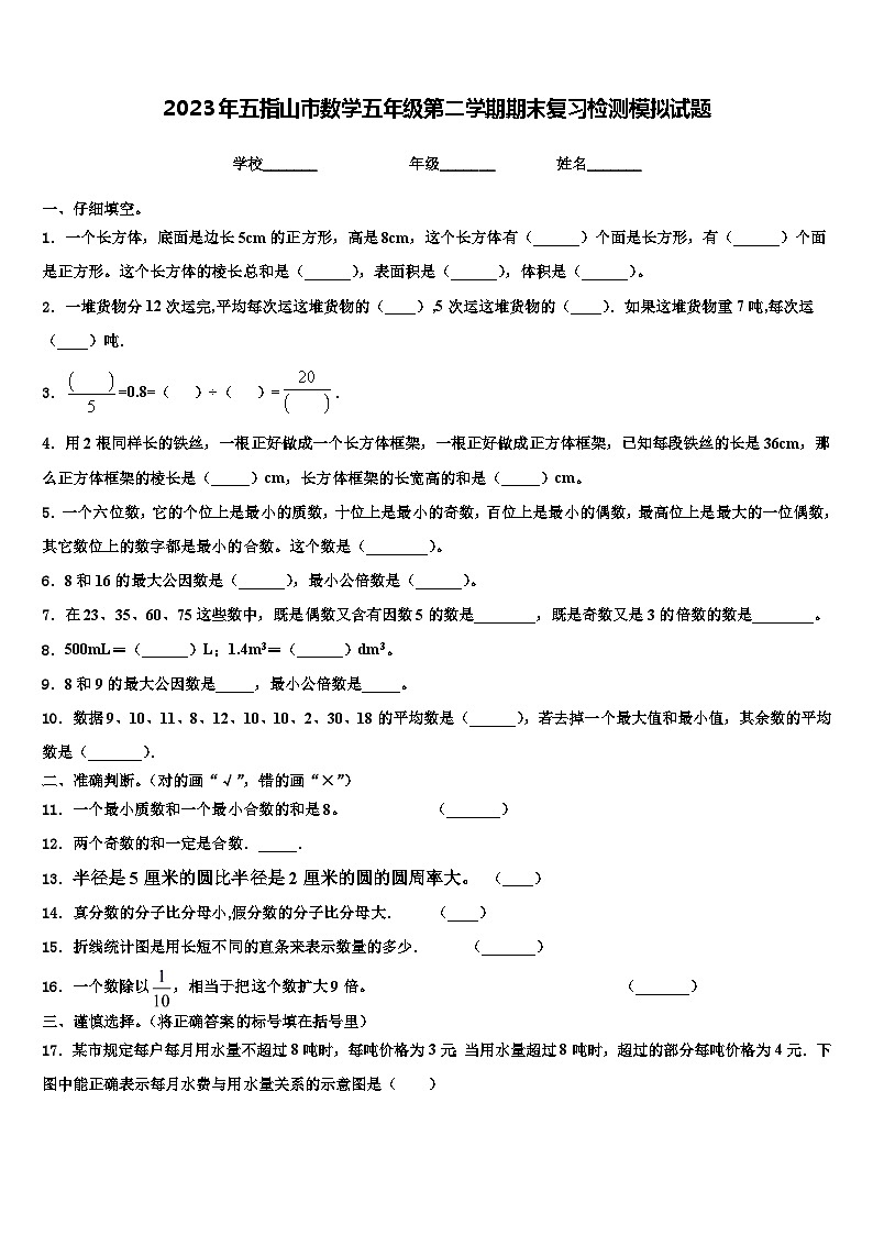 2023年五指山市数学五年级第二学期期末复习检测模拟试题含解析第1页