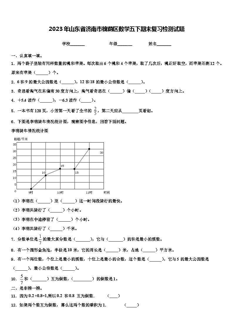 2023年山东省济南市槐荫区数学五下期末复习检测试题含解析第1页