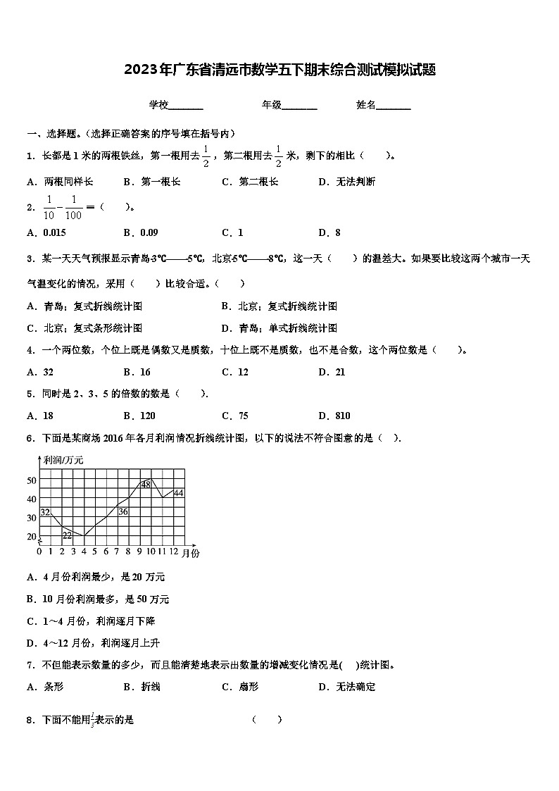 2023年广东省清远市数学五下期末综合测试模拟试题含解析第1页