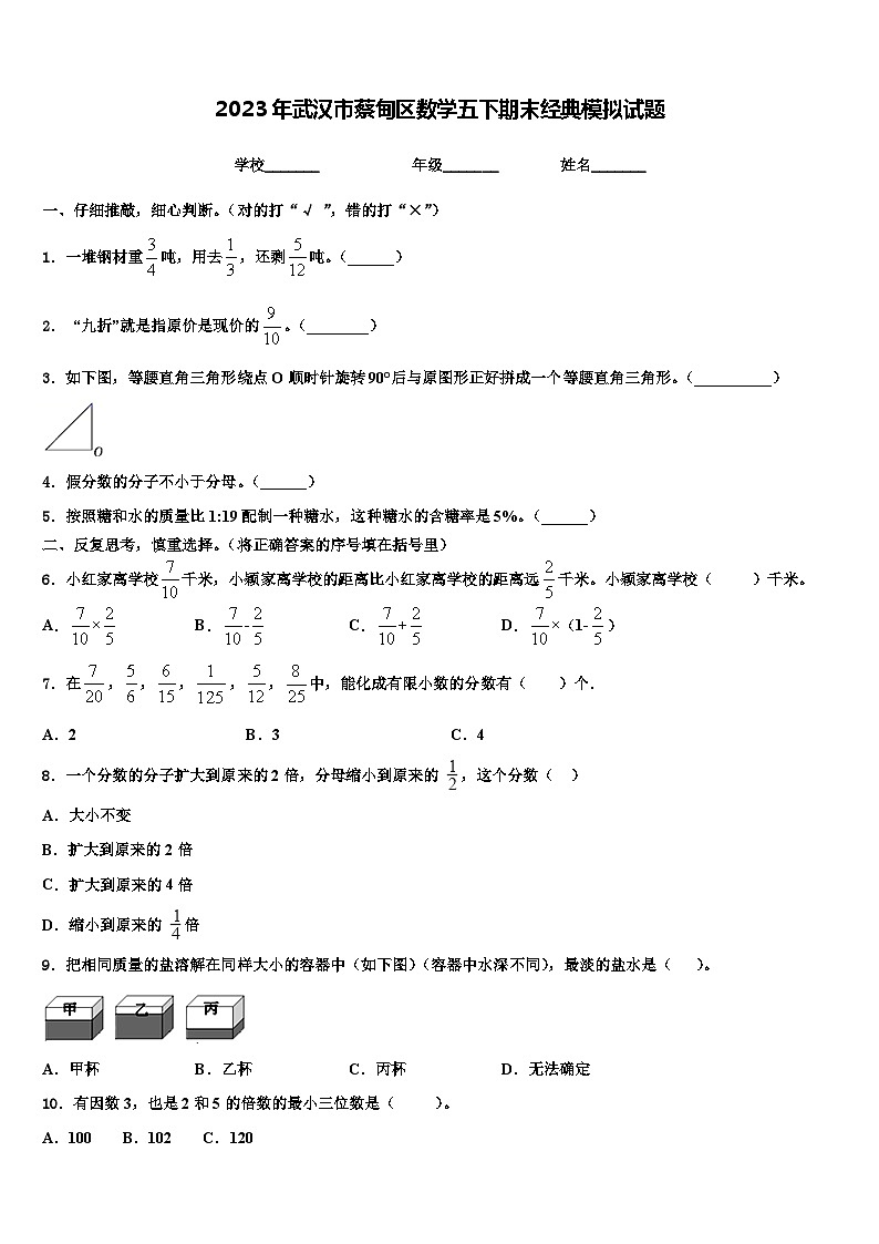 2023年武汉市蔡甸区数学五下期末经典模拟试题含解析第1页
