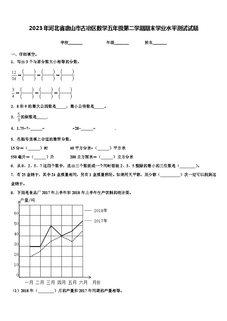2023年河北省唐山市古冶区数学五年级第二学期期末学业水平测试试题含解析第1页