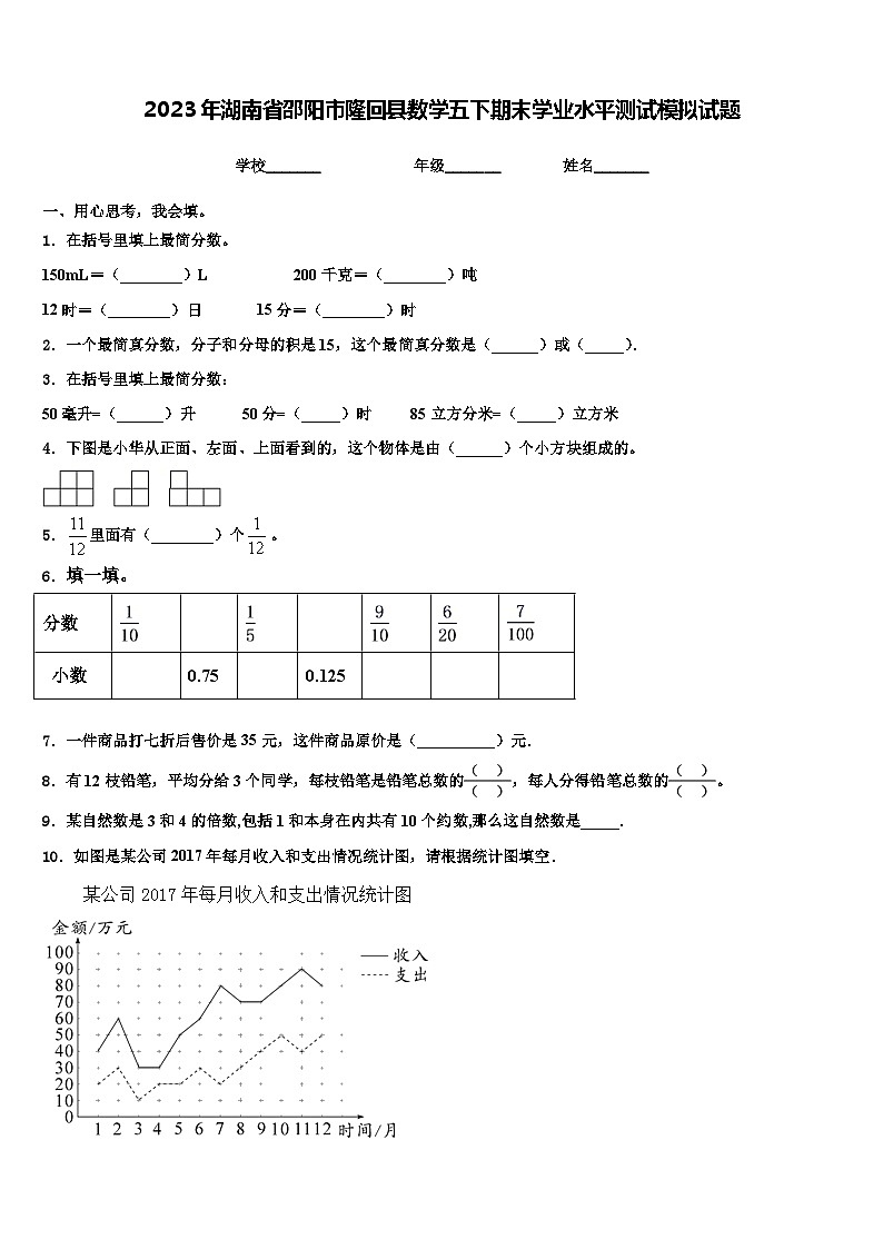 2023年湖南省邵阳市隆回县数学五下期末学业水平测试模拟试题含解析第1页