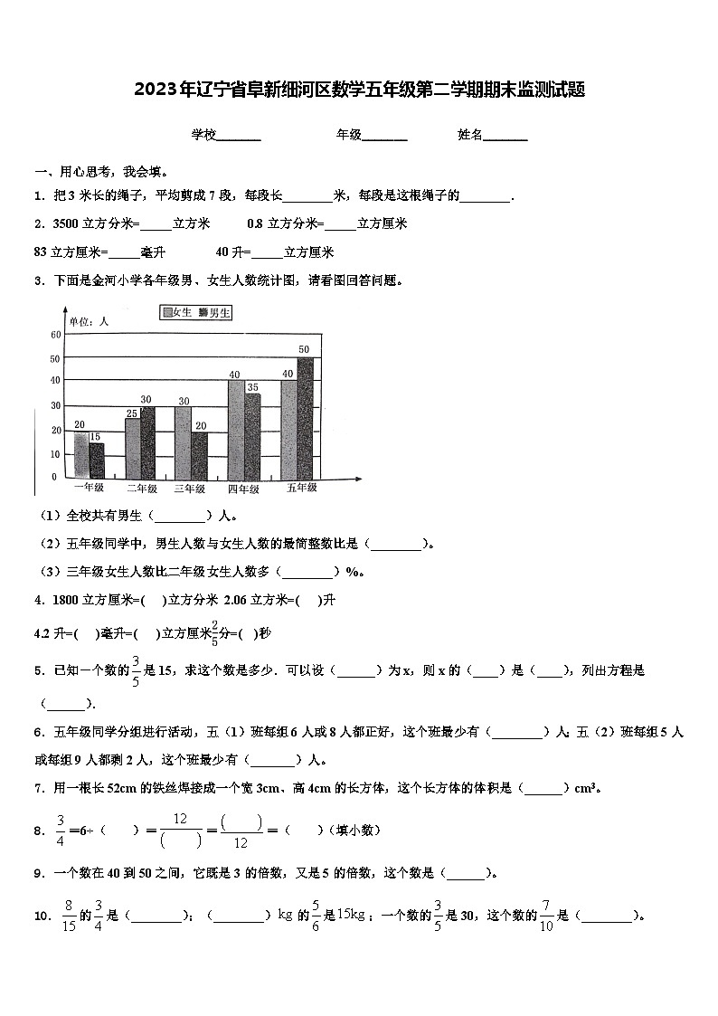 2023年辽宁省阜新细河区数学五年级第二学期期末监测试题含解析01