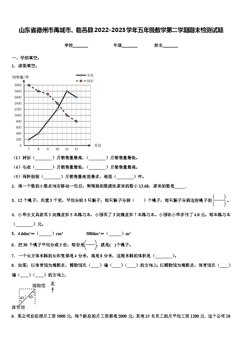 山东省德州市禹城市、临邑县2022-2023学年五年级数学第二学期期末检测试题含解析第1页
