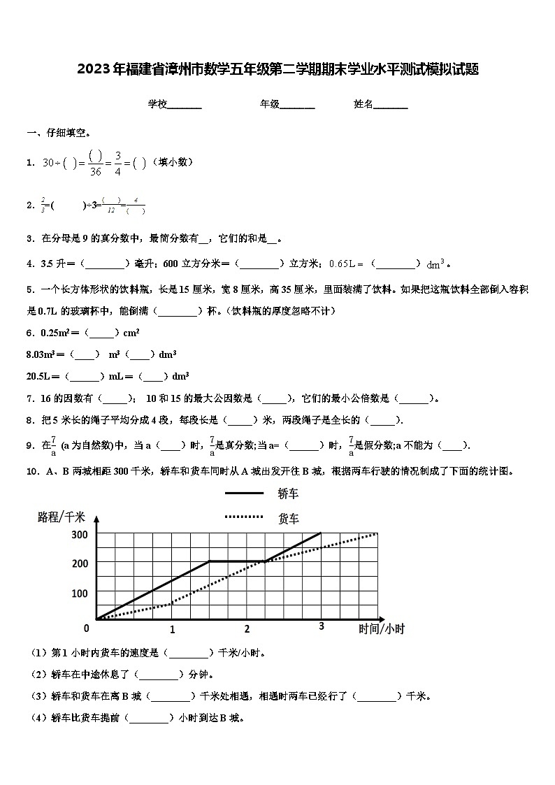 2023年福建省漳州市数学五年级第二学期期末学业水平测试模拟试题含解析第1页