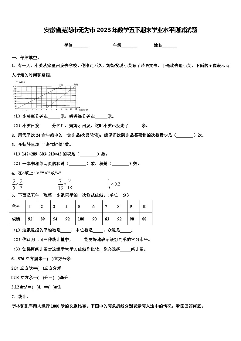 安徽省芜湖市无为市2023年数学五下期末学业水平测试试题含解析01