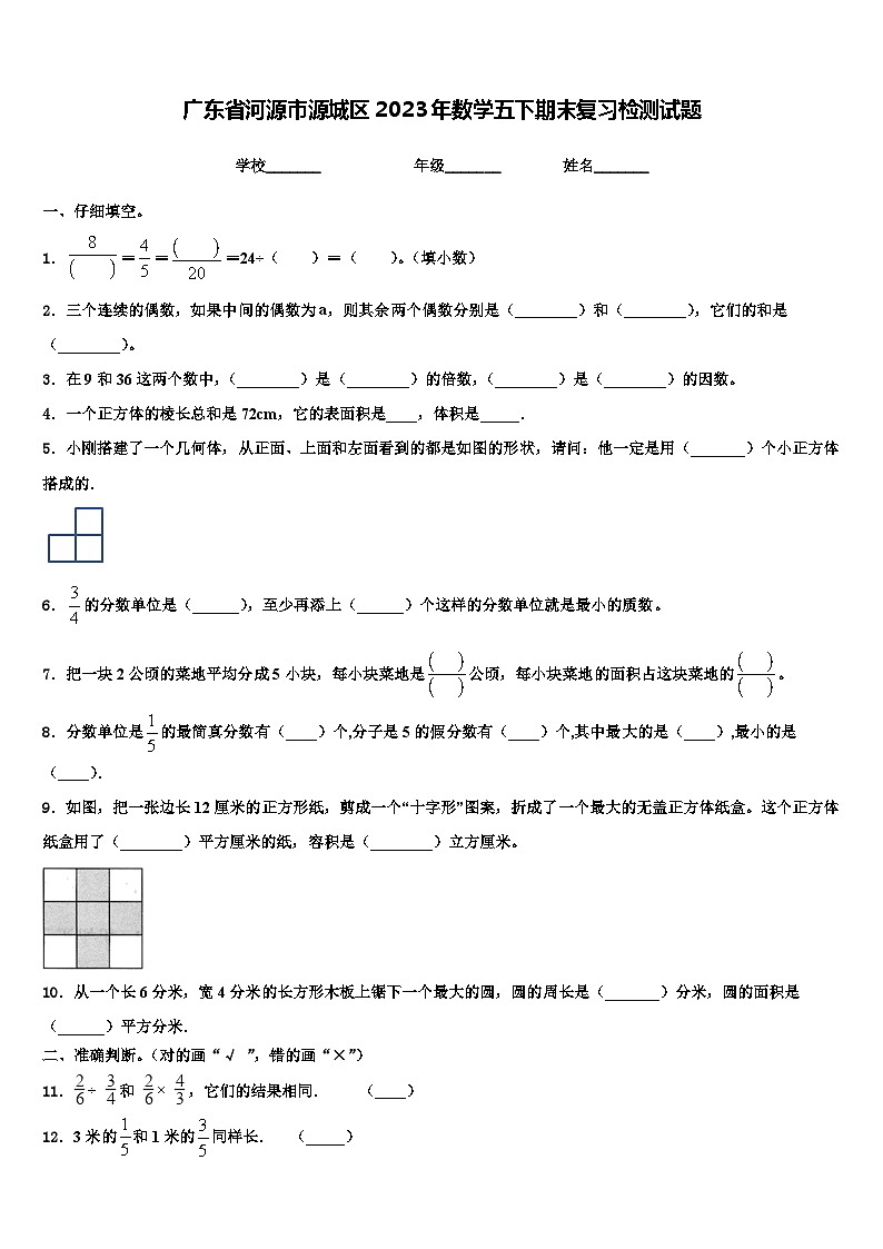 广东省河源市源城区2023年数学五下期末复习检测试题含解析01