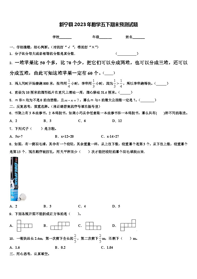 新宁县2023年数学五下期末预测试题含解析第1页