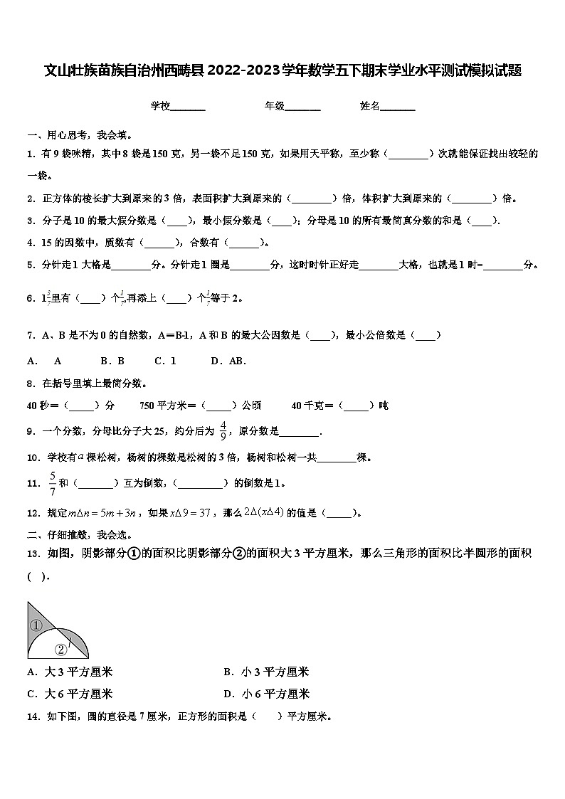文山壮族苗族自治州西畴县2022-2023学年数学五下期末学业水平测试模拟试题含解析第1页