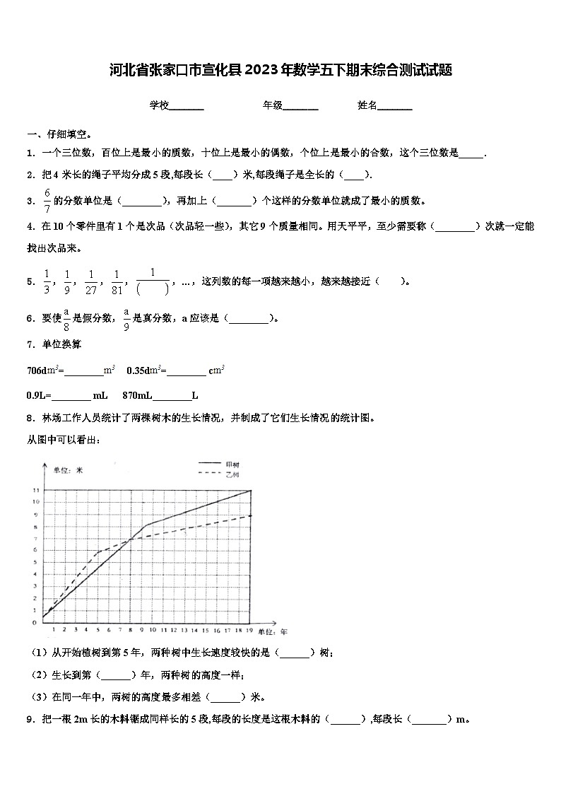 河北省张家口市宣化县2023年数学五下期末综合测试试题含解析第1页