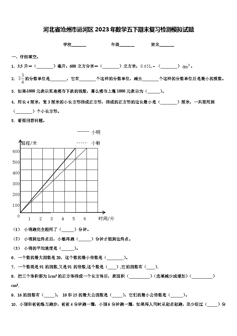 河北省沧州市运河区2023年数学五下期末复习检测模拟试题含解析01