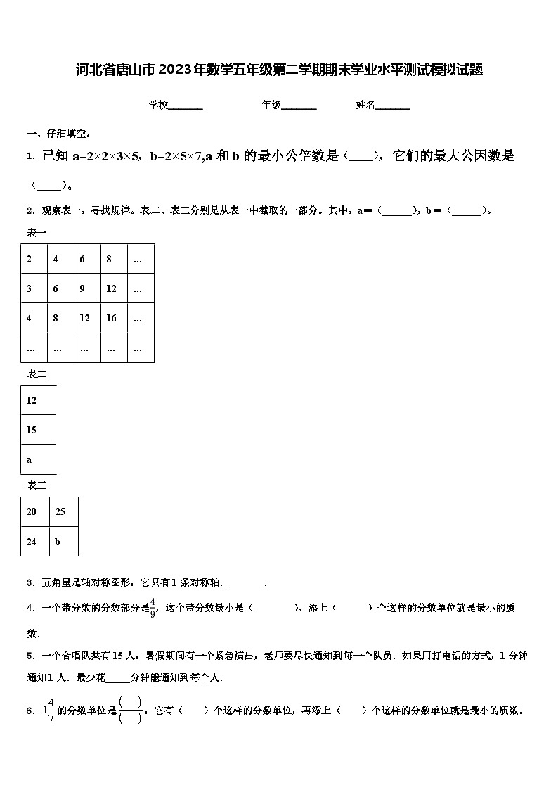 河北省唐山市2023年数学五年级第二学期期末学业水平测试模拟试题含解析第1页