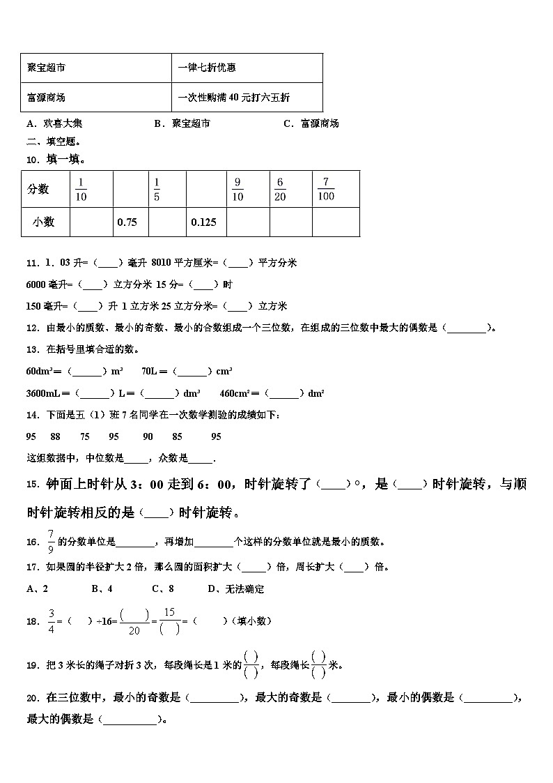 河南省漯河市临颍县2022-2023学年数学五年级第二学期期末统考试题含解析第2页
