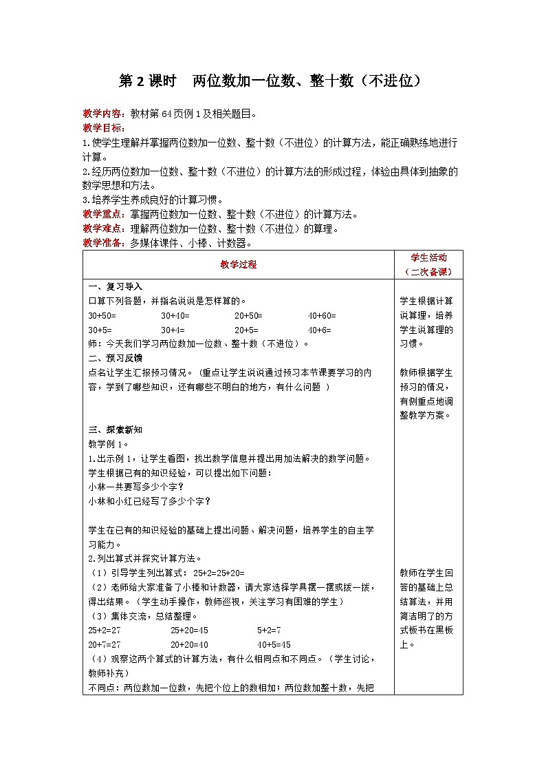 人教版数学一年级下册第6单元《100以内的加法和减法（一） 第2课时 两位数加一位数、整十数（不进位） 》教案第1页