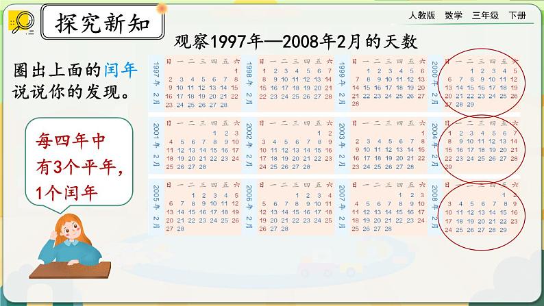 【2023最新插图】人教版数学三年级下册 6.2《平年、闰年》课件（送教案+练习）05