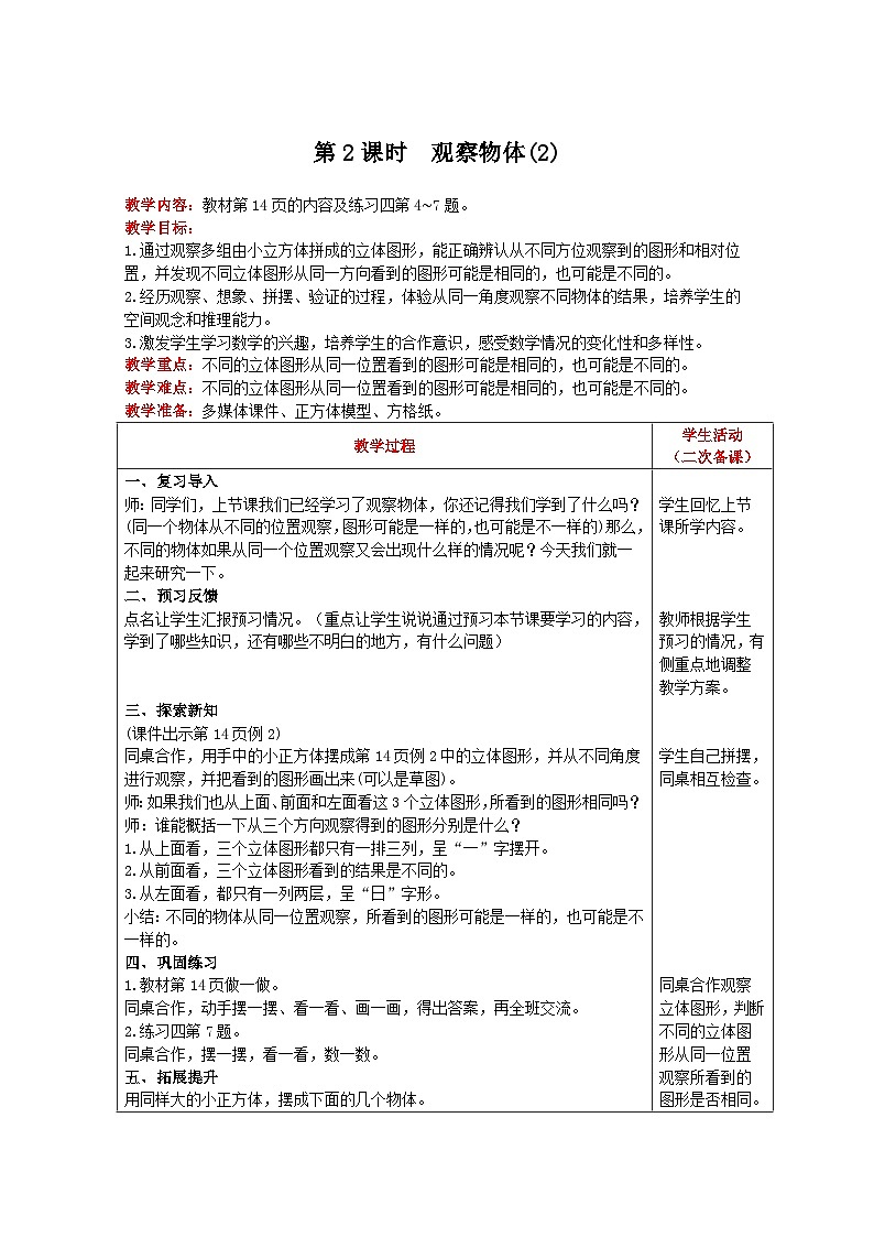 【2023最新插图】人教版数学四年级下册 2.2《从同一位置观察不同物体的形状》课件（送教案+练习）01