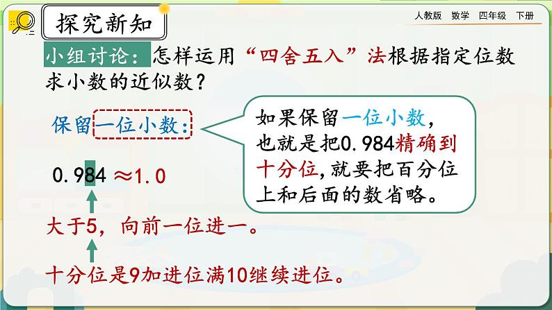 【2023最新插图】人教版数学四年级下册 4.5.1《用“四舍五入”法求小数的近似数》课件（送教案）07