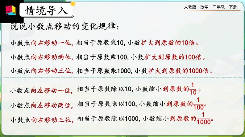 【2023最新插图】人教版数学四年级下册 4.3.2《小数点变化规律的应用》课件第2页