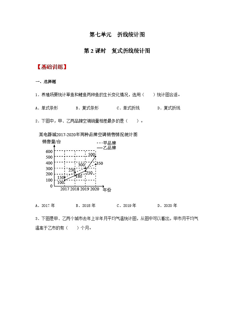 7.2 复式折线统计图  五年级下册数学同步练习 人教版（含答案）01