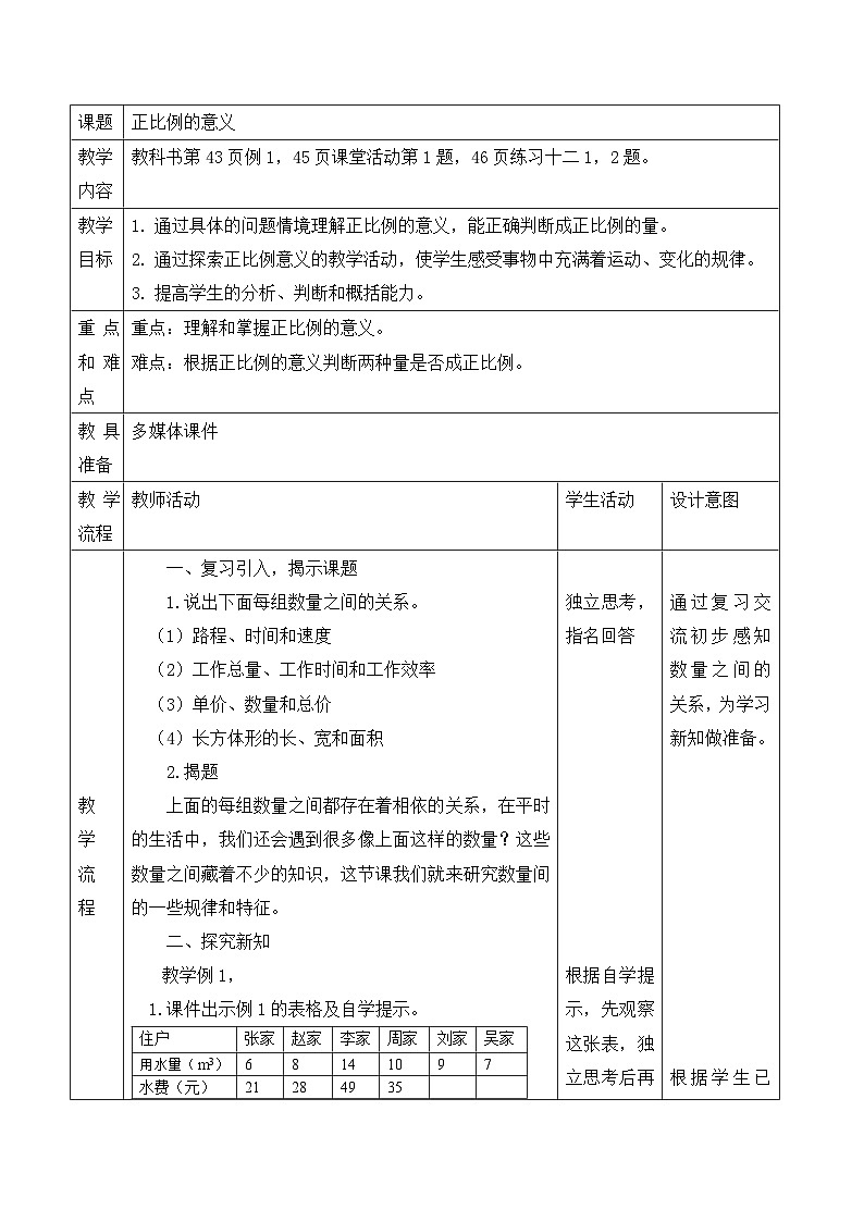 《正比例的意义》教学设计 （西师大版）01