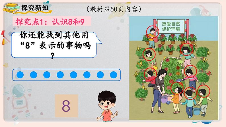 【最新教材插图】人教版小学一年级数学上册第五单元第4课时《8和9的认识》精品课件第3页