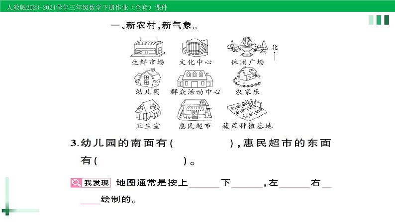 2023-2024学年三年级数学下册第1单元位置与方向(一)第2课时平面图上辨认东南西北作业课件新人教版第3页