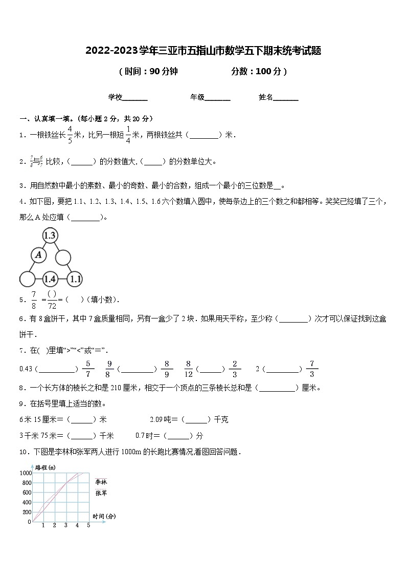 2022-2023学年三亚市五指山市数学五下期末统考试题含答案第1页