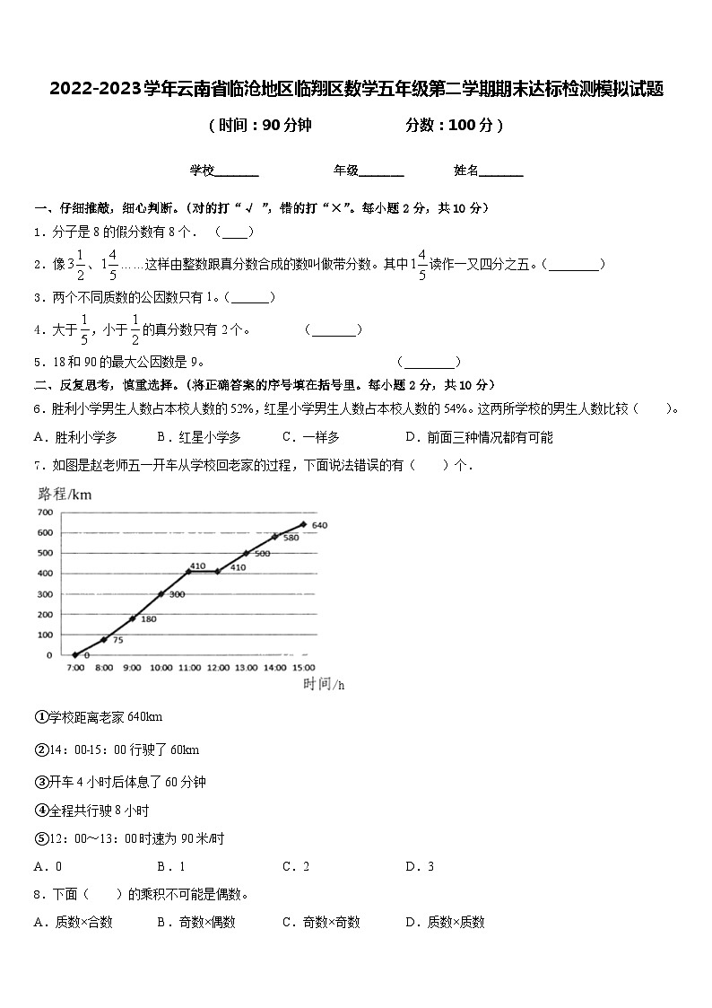 2022-2023学年云南省临沧地区临翔区数学五年级第二学期期末达标检测模拟试题含答案01