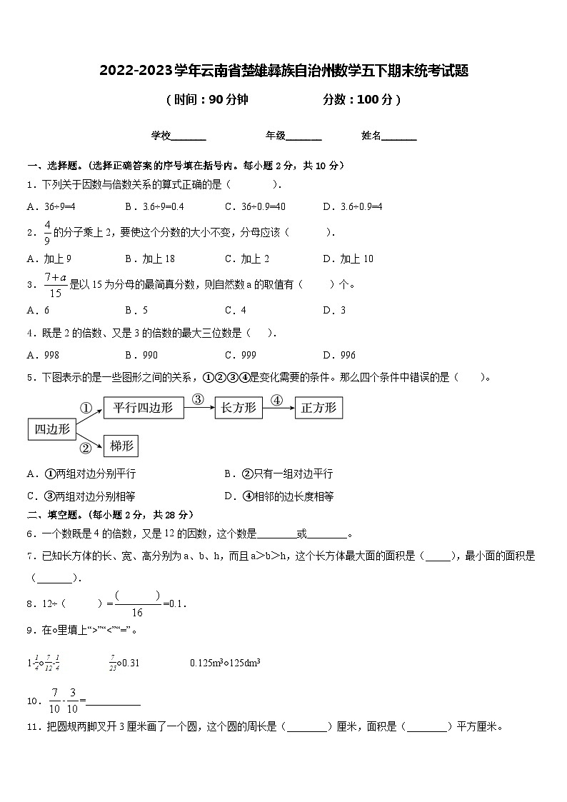 2022-2023学年云南省楚雄彝族自治州数学五下期末统考试题含答案第1页