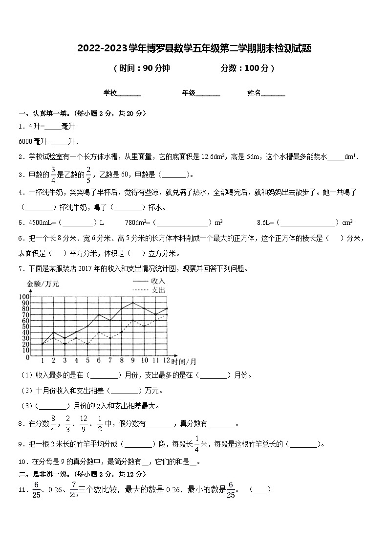 2022-2023学年博罗县数学五年级第二学期期末检测试题含答案第1页