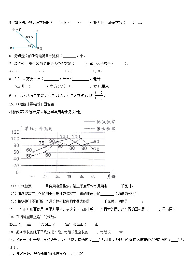 2022-2023学年安徽省六安市舒城县五年级数学第二学期期末复习检测试题含答案02