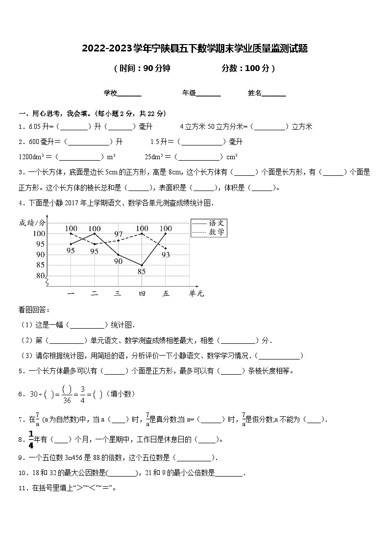 2022-2023学年宁陕县五下数学期末学业质量监测试题含答案01