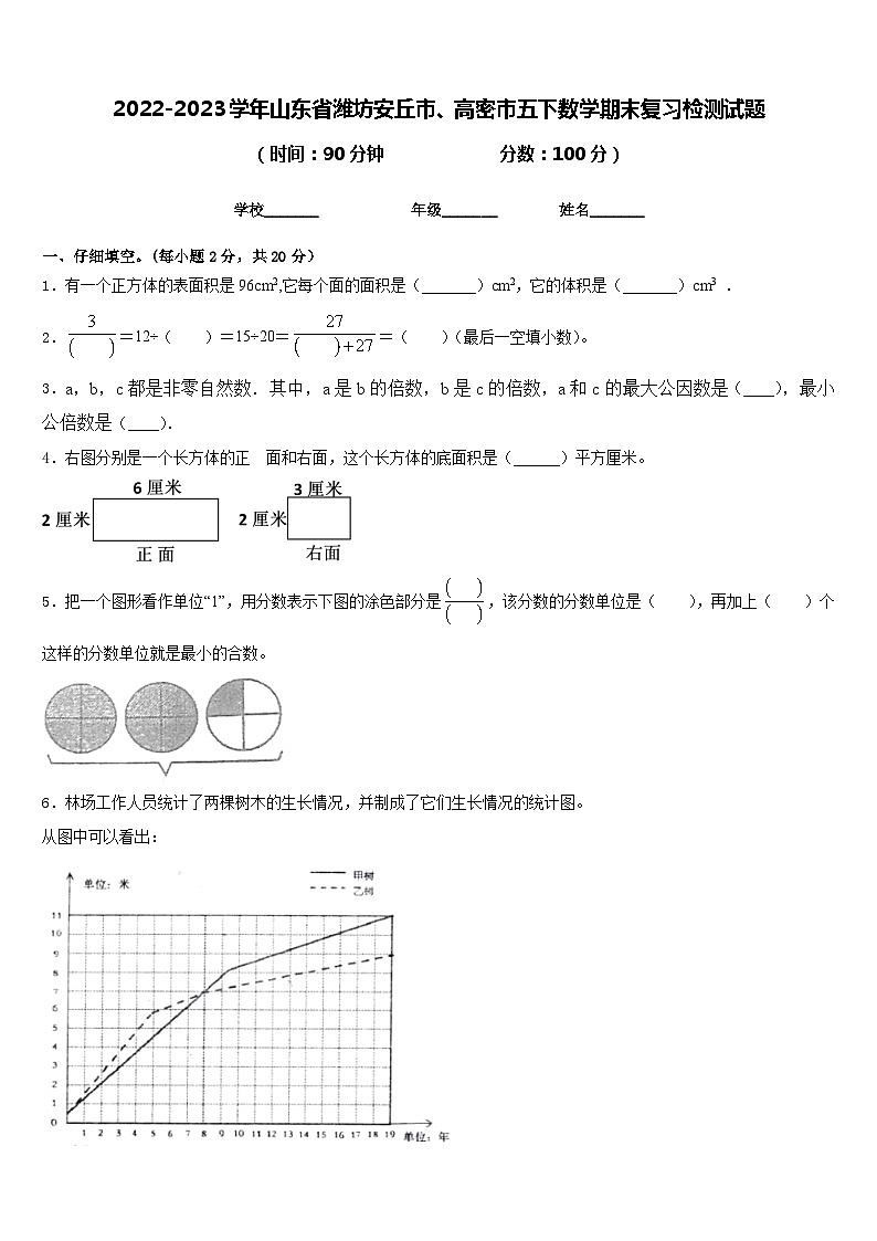 2022-2023学年山东省潍坊安丘市、高密市五下数学期末复习检测试题含答案第1页