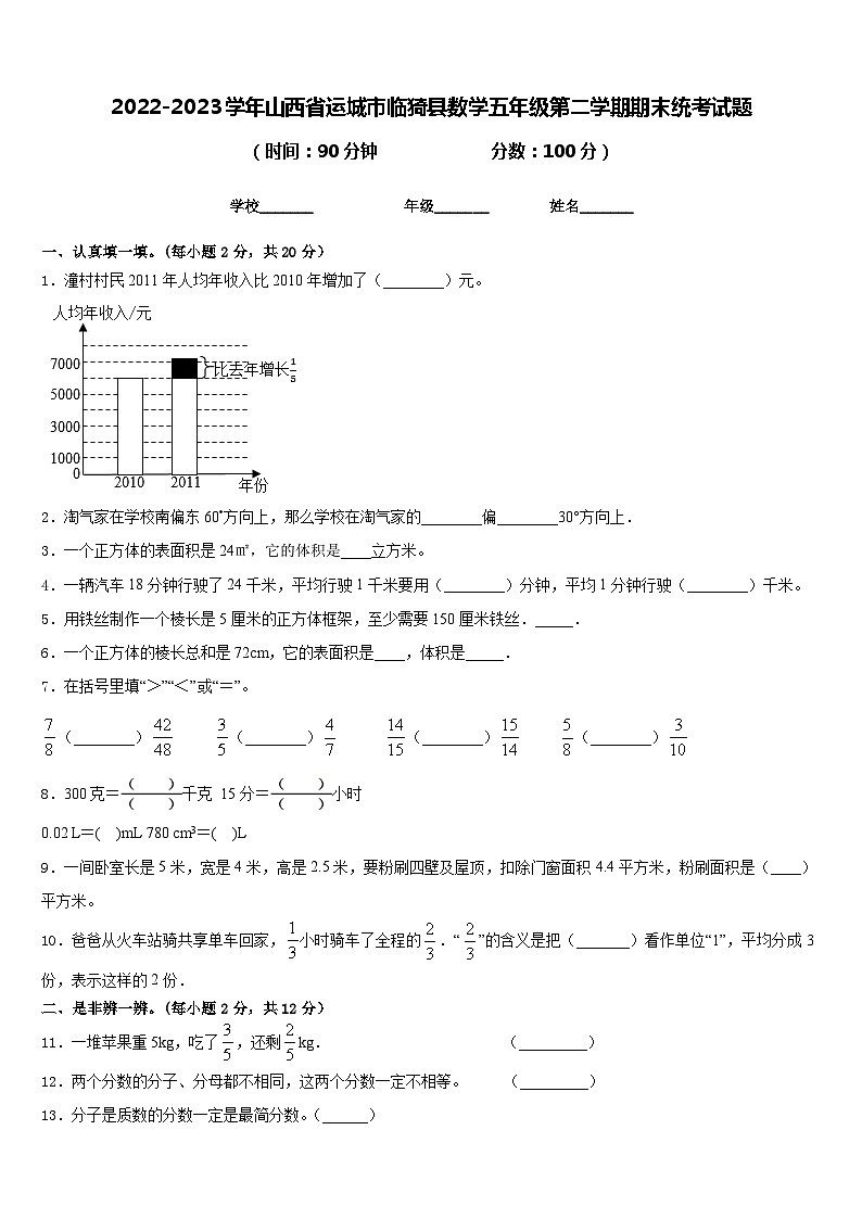2022-2023学年山西省运城市临猗县数学五年级第二学期期末统考试题含答案01