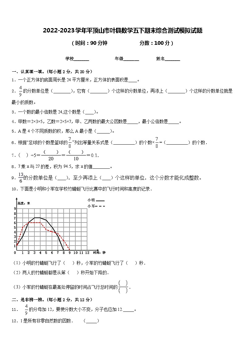 2022-2023学年平顶山市叶县数学五下期末综合测试模拟试题含答案第1页
