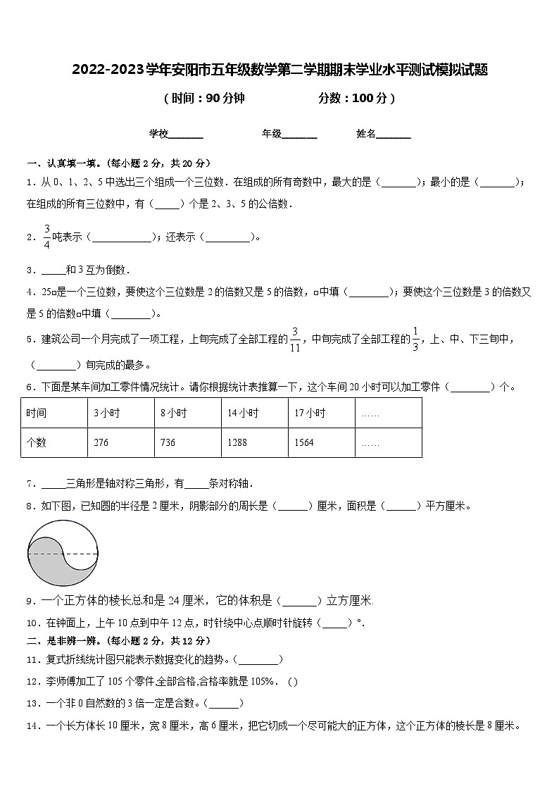 2022-2023学年安阳市五年级数学第二学期期末学业水平测试模拟试题含答案第1页