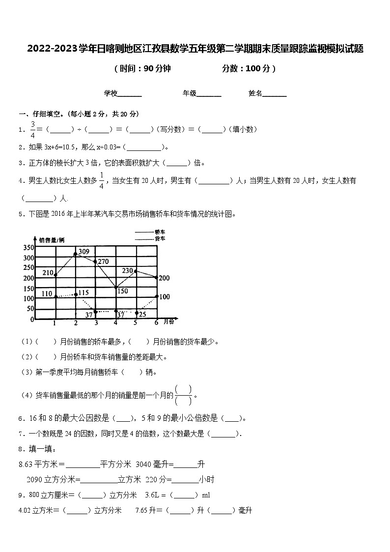 2022-2023学年日喀则地区江孜县数学五年级第二学期期末质量跟踪监视模拟试题含答案第1页