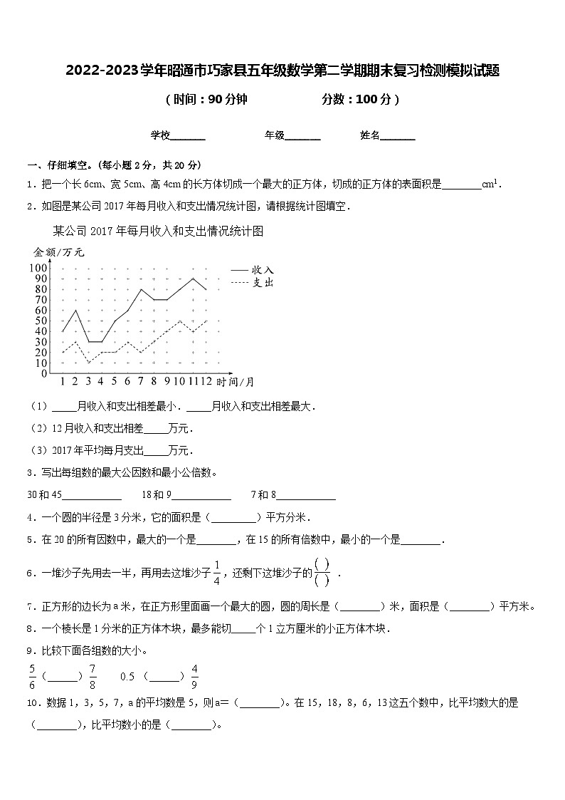 2022-2023学年昭通市巧家县五年级数学第二学期期末复习检测模拟试题含答案第1页