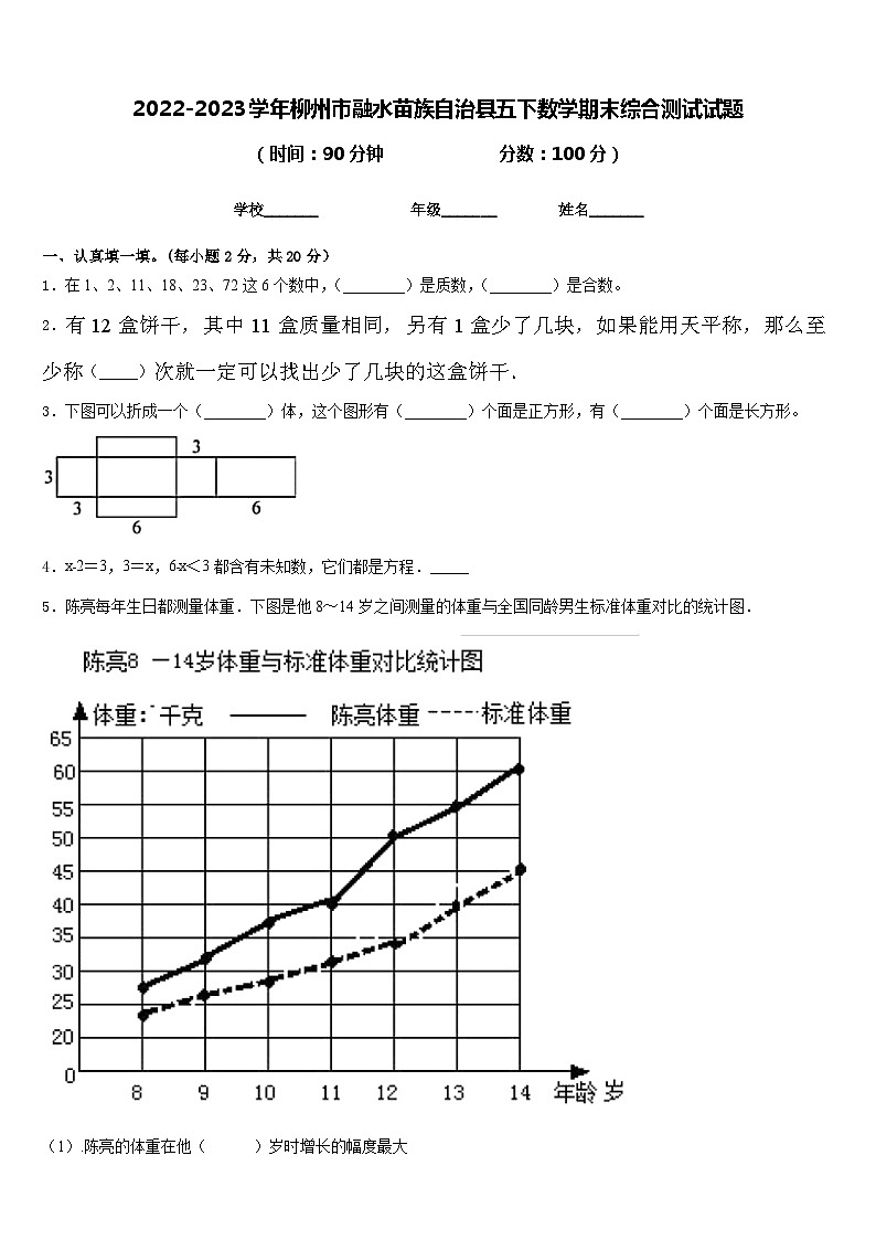 2022-2023学年柳州市融水苗族自治县五下数学期末综合测试试题含答案第1页