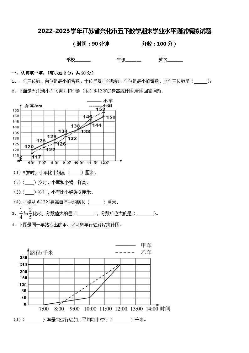 2022-2023学年江苏省兴化市五下数学期末学业水平测试模拟试题含答案第1页