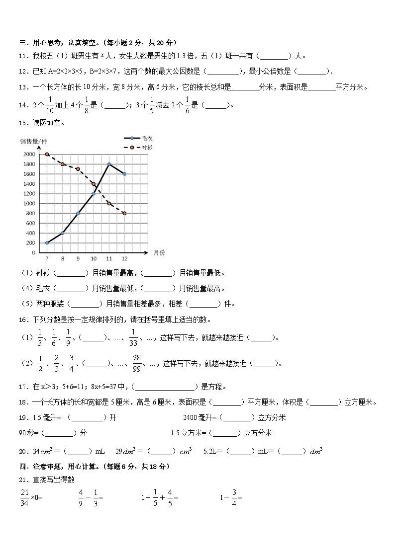 2022-2023学年河南南阳市卧龙区年春期小学五下数学期末复习检测试题含答案02