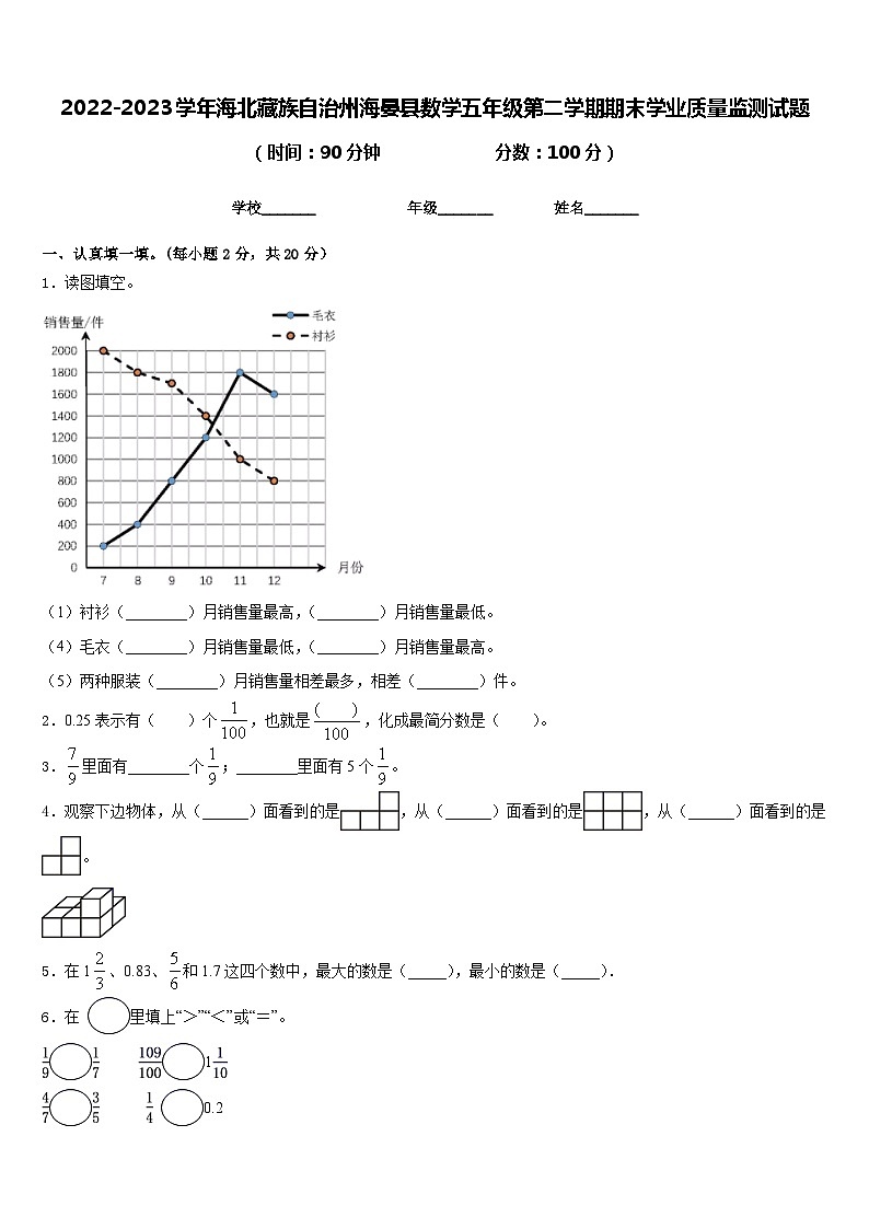 2022-2023学年海北藏族自治州海晏县数学五年级第二学期期末学业质量监测试题含答案第1页