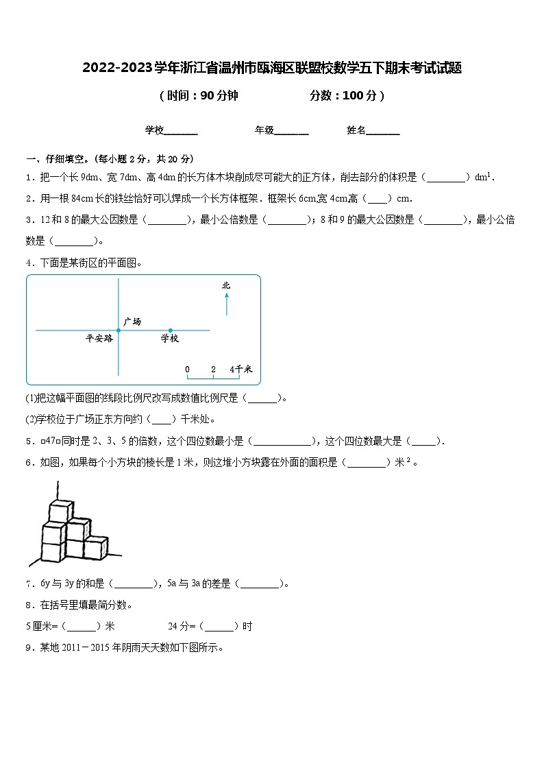 2022-2023学年浙江省温州市瓯海区联盟校数学五下期末考试试题含答案01