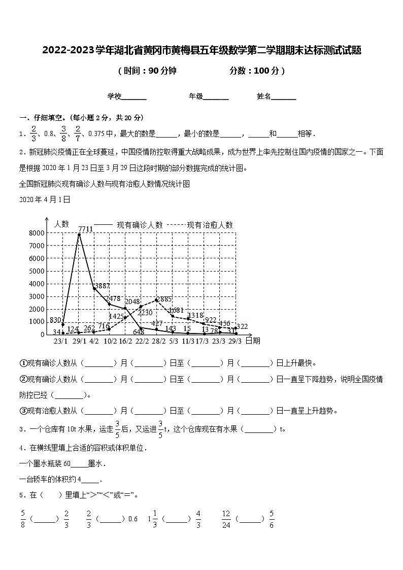 2022-2023学年湖北省黄冈市黄梅县五年级数学第二学期期末达标测试试题含答案01