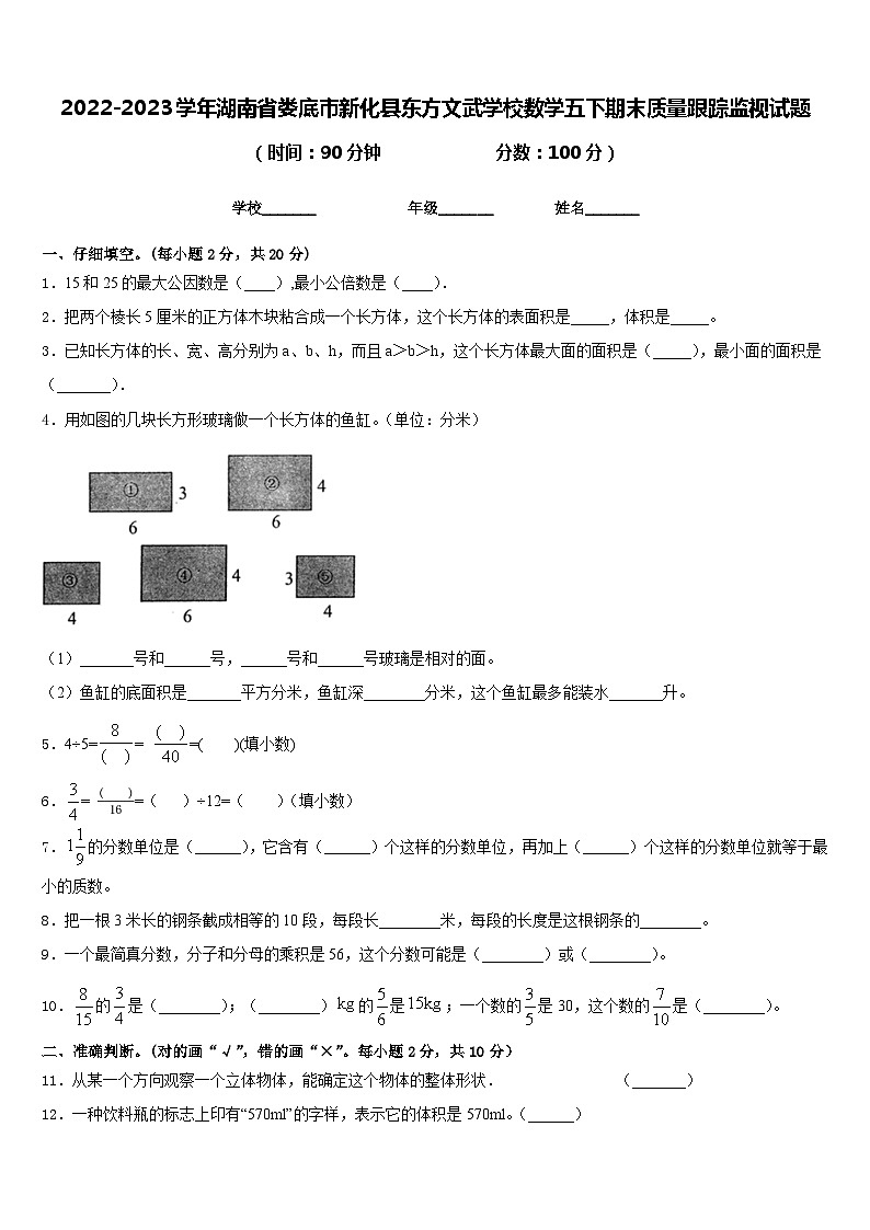 2022-2023学年湖南省娄底市新化县东方文武学校数学五下期末质量跟踪监视试题含答案第1页