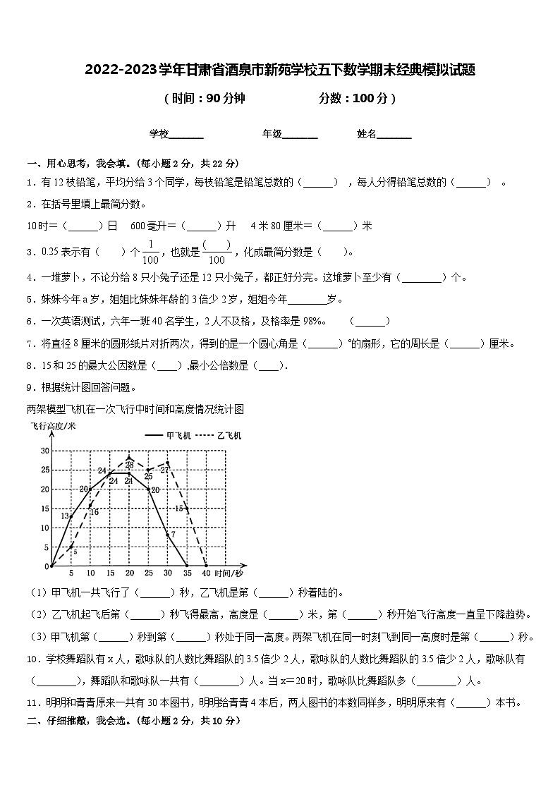 2022-2023学年甘肃省酒泉市新苑学校五下数学期末经典模拟试题含答案第1页