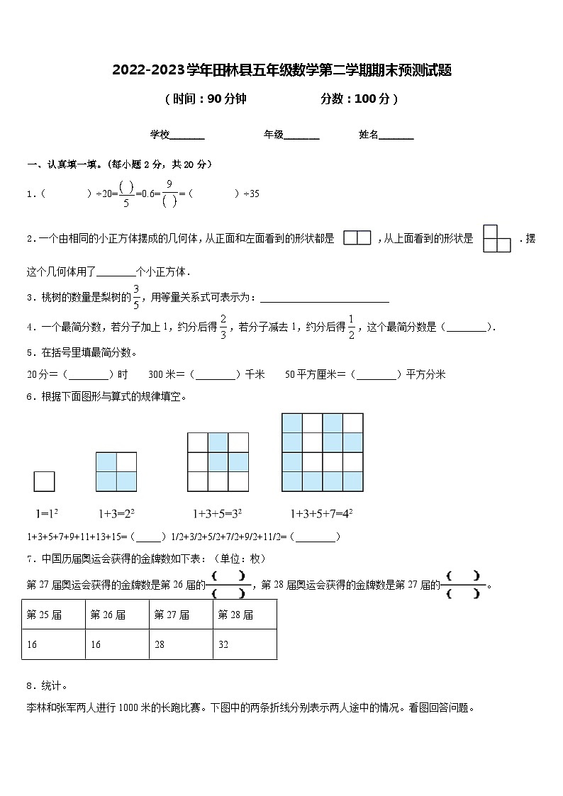 2022-2023学年田林县五年级数学第二学期期末预测试题含答案第1页